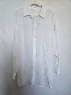 FABLETICS 'VOILE' OVERSIZED SHIRT WOMEN WHITE COVER UP BUTTON 100% COTTON NWT 2X